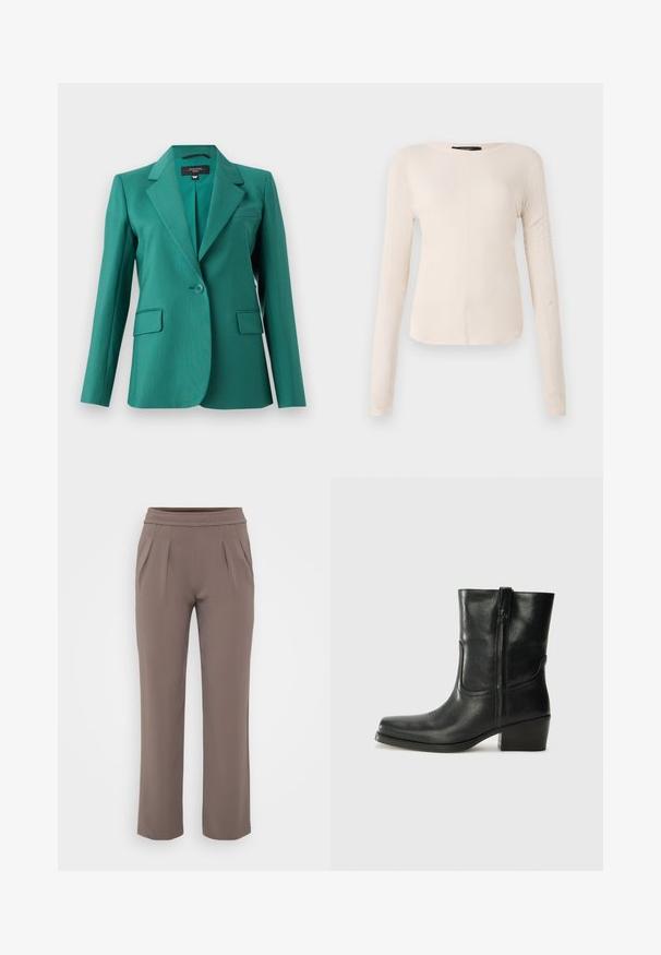 Blazer teal con solapa muescada, cierre de un botón, dos bolsillos frontales y textura suave. Ajuste entallado con un diseño moderno.; Top de manga larga, color beige claro, con cuello redondo. Fabricado en un tejido suave, presenta una costura central y un dobladillo ligeramente curvado. Sin herrajes visibles.; Pantalones sueltos color topo con cinturilla elástica y pliegues frontales, hechos de una tela suave.; Botín negro de cuero hasta el tobillo con punta redondeada, tacón cuadrado, cremallera lateral y detalles de costura en el empeine. Textura suave, diseño clásico.