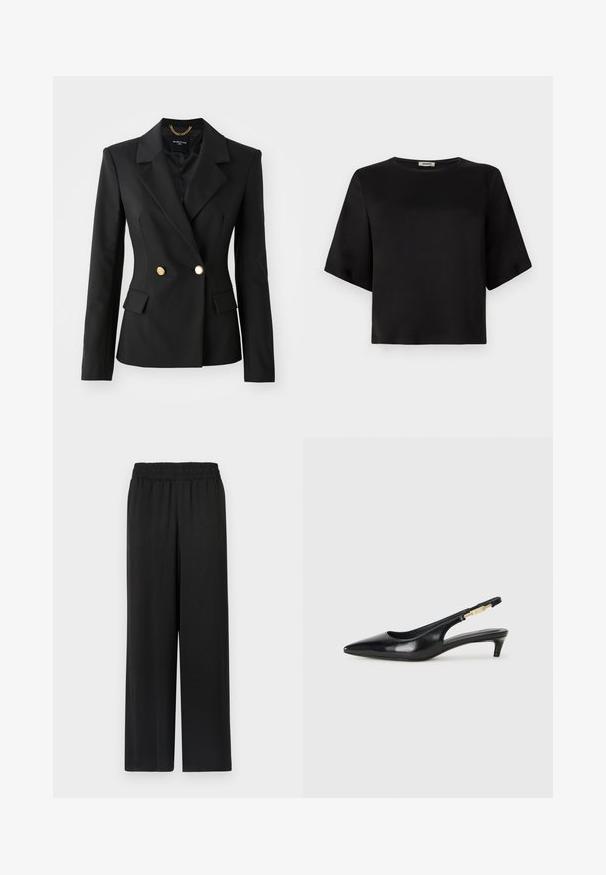Svart blazer med en tettsittende design, dobbelspent front, gullknapper og snittede revers. Teksturert stoff med to frontlommer.; Svart kortermet topp med rund hals, laget av jevnt stoff. Designet har en boks form og en ren finish.; Svart vidbukser med elastisk midje, laget av et glatt, lett stoff. Har rett snitt og ingen synlige mønstre.; Sorte lærreim hæler med spiss tå, som har en slank hæl og en gullfarget detalj på den justerbare stroppen. Glatt tekstur.
