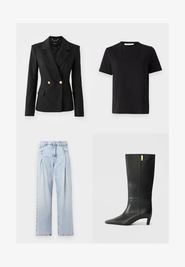 Schwarzes Blazer mit tailliertem Design, doppelter Knopfleiste, goldenen Knöpfen und abgesteppten Revers. Strukturierter Stoff mit zwei Taschen vorne.; Schwarzes T-Shirt mit kurzen Ärmeln aus weicher Baumwolle, mit rundem Ausschnitt, lockerer Passform und glatter Textur. Keine sichtbaren Muster oder Grafiken.; Helle blaue Denim-Jeans mit hoher Taille, weitem Beinschnitt, zwei seitlichen Taschen und gefaltetem Design. Weiche Textur mit einem ausgebleichten Finish.; Schwarze Lederstiefelette bis zum Knie mit spitzem Zeh und kleinem Absatz. Hat ein elegantes Design mit goldenen Akzenten. Glatte Textur.