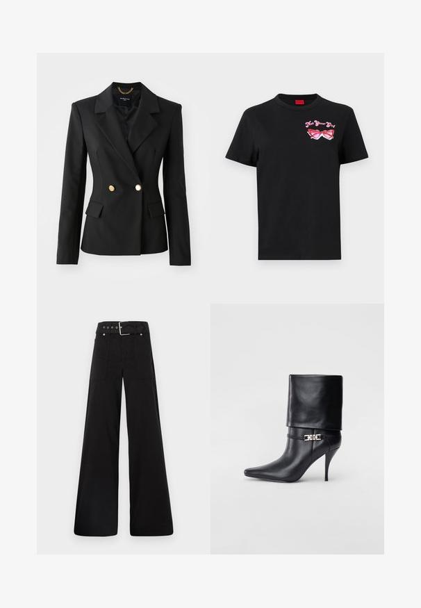 Fekete blézer, karcsú fazonnal, dupla soros gombolással, aranygombokkal és szögletes hajtókákkal. Texturált anyag, két elülső zsebbel.; Fekete pamut póló rövid ujjal, amelyen a bal mellrészen egy rózsaszín napszemüveg grafika és a "Not Your Girl" felirat látható.; Fekete, bő szárú nadrág, pamutból készült, magas derékkal, nagy oldalsó zsebekkel és ezüst színű hardverelemekkel ellátott övvel.; Fekete bőr bokacsizma hegyes orral, magas stiletto sarokkal, hajtott szegéllyel és arany díszcsattal a bokán.