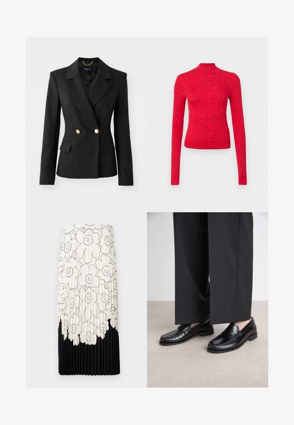 Svart blazer med en tettsittende design, dobbelspent front, gullknapper og snittede revers. Teksturert stoff med to frontlommer.; Rød langermet topp med høy hals, dekorert med et svart blomster mønster, laget av strukturett ribbestrikket stoff.; Plissert skjørt med et blomstermønster i svart og hvitt, med en lys toppdel med blomster og en solid svart nederkant.; Sorte skinnloafere med en glatt overflate, sydd detaljer rundt tåen, og en lav gummisåle. Kombinert med vide svarte bukser.