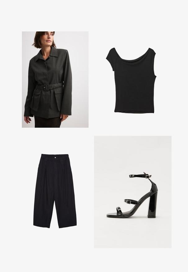Mörkgrå belagd jacka med krage, som har en strukturerad passform, stora framfickor och subtil textur. Materialet verkar slätt och hållbart.; Svart kortärmad topp i slät tyg; har en draperad halsringning och asymmetrisk nederkant, med en figursydd kropp.; Svarta polyester culottbyxor med elastisk midja, två framfickor och en lös silhuett. Inga synliga mönster eller hårdvarudetaljer.; Svarta lackerade klacksandaler med fyrkantig tå, ankelremmar och silverfärgade spännen. Har en kraftig blockklack för stabilitet.