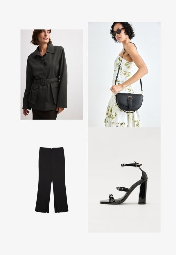 Tmavošedý kabát so sponou a golierom, s prešívaným strihom, veľkými prednými vreckami a jemnou textúrou. Materiál vyzerá hladko a odolne.; Čierny bezrukávový top vyrobený z hladkej tkaniny, s okrúhlym výstrihom a priliehavým strihom bez viditeľných vzorov alebo ozdôb.; Čierne nohavice so strihom rovného strihu, s prednými vreckami a bočnými rozparkami na leme. Vyrobené z mäkkej, hladkej tkaniny. Vhodné na rôzne príležitosti.; Čierne lakované sandále na podpätku so štvorcovou špičkou, navlečenými remienkami okolo členku a striebornými prackami. Disponujú masívnym blokovým podpätkom pre stabilitu.; Čierna kožená kabelka s zaobleným tvarom, odnímateľným popruhom a zlatými doplnkami. Kabelka má klopu s detailom s prackou.
