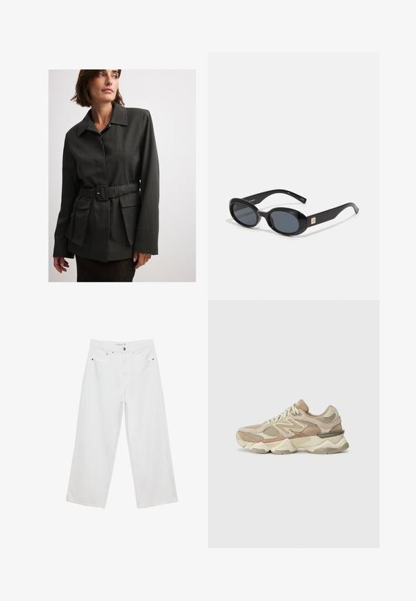 Giacca grigia scura con cintura e colletto, caratterizzata da una vestibilità strutturata, ampie tasche frontali e una trama sottile. Il materiale sembra liscio e resistente.; Top bianco senza maniche con scollatura quadrata, texture liscia e design aderente. Realizzato in tessuto leggero.; Jeans bianchi a gamba larga realizzati in denim con vita alta, dotati di cinque tasche e dettagli in metallo. Texture liscia, senza motivi visibili.; Scarpe da ginnastica beige con materiali in rete e suede, punta rotonda, suola spessa e notevoli dettagli riflettenti sui lati.; Occhiali da sole ovali neri con lenti scure, montatura in plastica lucida, aste larghe e un piccolo accent in oro su un lato.