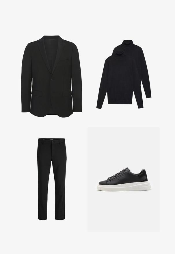 Musthave isane must nähtud looduslikust kangast. Omab teravaid krae, ühte nupuväärist, kahte esistaskut ning kitsast lõiget.; Kaks musta pikkade varrukatega kõrge kaelusega sviitrit, lihtne kudumine, asetatud üksteise peale, üks veidi teise taga, valgel taustal.; Mustad püksid, mis on valmistatud libisevast kangast, klassikalise kujundusega, sirge lõikega, esise nupuga ja küljetaskutega.; Mustmustest musta nahkistsneaker, millel on valge kummist tald, sirged paelad ja bränditud silmad. Pehme tekstuur kontrastse küljeaktsendiga.