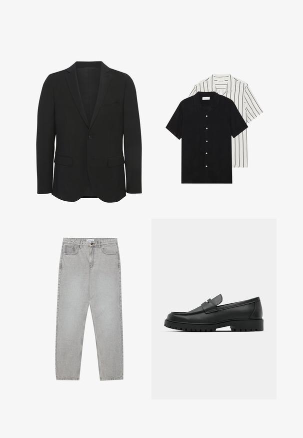 Juodas švarkas, pagamintas iš lygaus audinio. Turi aštrius atlapus, vieną mygtuką, dvi priekinės kišenes ir siaurą siluetą.; Du šortais rankovėmis marškiniai: vieni visiškai juodi, kiti balti su juodomis vertikaliomis juostelėmis. Abu turi mygtukų užsegimus ir klasikinį apykaklę.; Šviesiai pilki džinsai su tiesiu kirpimu, penkiais kišenėmis ir mygtuko uždarymu. Matoma siuvimo linija palei siūles.; Juodi odiniai loaferiai su apvalia nosimi, su siuvinėtu dizainu, žemu platformos padu ir tekstūruotu, sukibimo raštu padu.