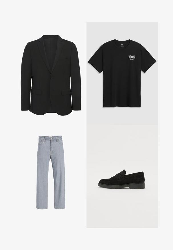 Czarna marynarka wykonana z gładkiego materiału. Posiada szpiczaste klapy, zapięcie na jeden guzik, dwie przednie kieszenie oraz dopasowany krój.; Czarna bawełniana koszulka z nadrukiem na klatce piersiowej, na którym widnieje napis "ROŚLINY DOMOWE" w białej stylizowanej czcionce z "Levi's" poniżej. Klasyczny okrągły dekolt.; Jasnoniebieskie dżinsy o luźnym kroju, prostych nogawkach, widocznym szwie, dwóch przednich kieszeniach i zapięciu na guzik.; Czarne zamszowe mokasyny z niskim obcasem, z prostą taśmą na górze i teksturowanymi detalami po bokach.