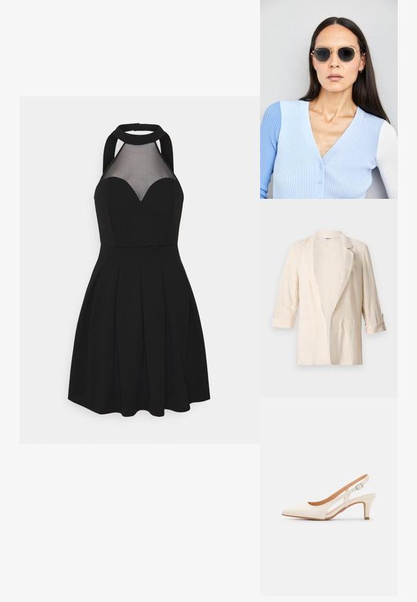 Lichtbeige linnen blazer met een relaxte pasvorm, met notch-kleppen, driekwartmouwen en twee voorzakken, met een gestructureerde afwerking.; Zwarte jurk met halternek en gaaspaneel. Heeft een sweetheart-halslijn, geplooide rok en aansluitend lijfje. Soepele stoftextuur.; Witte slingback hak met een spitse neus, glad bovenmateriaal, lage blokhak en een design met uitsparingen aan de zijkant, voorzien van een verstelbare gespsluiting.; Ronde zonnebrillen met donkere glazen en gouden montuur. Het model draagt een lichtblauwe, geribbelde cardigan met knopen en contrasterende witte mouwen.