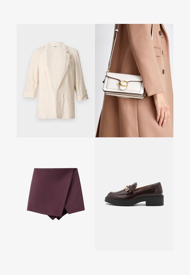 Lys beige linned blazer med afslappet pasform, notch-lapel, trekvartærmer og to frontlommer, der har en tekstureret finish.; Grå strikket sweater med rund halsudskæring, sænkede skuldre og ribstrikkede manchetter. Blød tekstur og løs pasform. Ingen mønstre eller accenter.; Mørk lilla asymmetrisk miniskørt med et wrap front design og en glat stoftekstur.; Brune læder loafer med en guldaccent spænde, sort blokhælt og en glat tekstur. Sidevisningen viser en rund tå og stikninger.; Hvid læder crossbody taske med en guldspænde, præsenterer et struktureret design, kontrasterende kanter og en tynd justerbar strop.