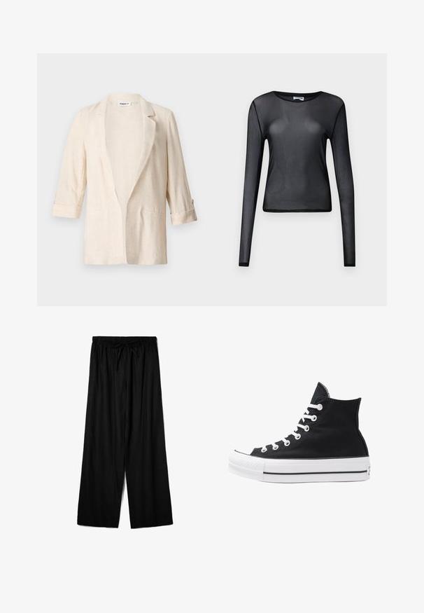Vaaleanbeige pellavablazer, jossa on rento leikkaus, lovitaskut, kolmannes hihat ja kaksi etutaskua. Blazerissa on teksturoitu pinta.; Mustat pitkähihaiset paita, joka on valmistettu läpikuultavasta materiaalista, jossa on pyöreä kaula-aukko ja slim fit -malli, hienosti viimeistellyillä helmilla.; Mustat avara lahkeiset housut, jotka on valmistettu kevyestä kankaasta ja joissa on joustava vyötärö, jossa on säätönyöri mukautuvan istuvuuden saavuttamiseksi. Sujuva rakenne.; Korkean ylösulkeutuvan mustan kankaan lenkkitossun, jossa on valkoiset rei'itykset, nauhat ja kumipohja. Sisältää teksturoituneen kärkitilan ja musta-valkoiset raidat.