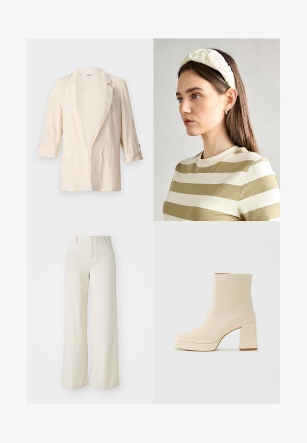 Lys beige linned blazer med afslappet pasform, notch-lapel, trekvartærmer og to frontlommer, der har en tekstureret finish.; Beige langærmet top med en indpakningsdesign og bånd i taljen. Lavet af ribbet stof, med en dyb udskæring og strukturerede skuldre.; Bredde ben-bukser i en lys beige farve, lavet af et glat stof. Har en klassisk talje og flad front med rene linjer.; Beige læder ankelstøvle med blokhæl og platformssål, glat overflade og let firkantet tå, vender til venstre på hvid baggrund.; Cremefarvet, polstret pandebånd med snoet design, parret med en beige og hvid stribet skjorte med rund hals. diskrete smykke accenter.