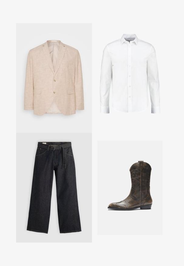 Lichtbeige linnen blazer met een twee-knopen sluiting, notch revers, en zijzakken; heeft een gladde binnenvoering.; Witte lange mouwen overhemd met knopen, gemaakt van glad katoen. Heeft een klassieke kraag en een knoopsluiting aan de voorkant met een rechte zoom.; Donker denim wijde broek met een gestrikt taille, voorzien van zijzakken en contrasterende stiksels. Gladde textuur met een strak ontwerp.; Bruine leren cowboylaars met een hoge schacht, spitse neus, ingewikkelde stikpatronen en een kleine hak. Gevarieerde afwerking overal.