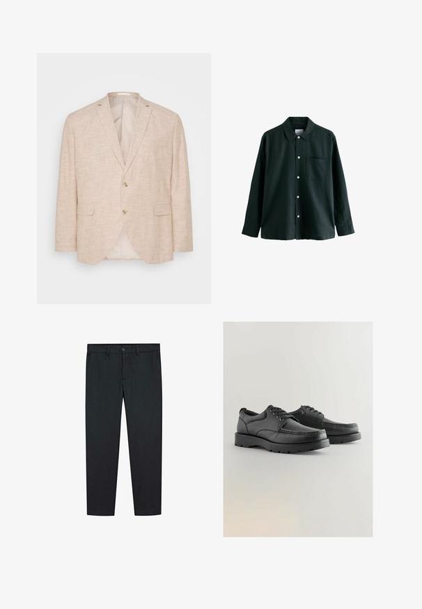 Jasno beżowy lniany blazer z zapięciem na dwa guziki, klapkami i kieszeniami bocznymi; posiada gładką podszewkę wewnętrzną.; Ciemnozielona koszula z długim rękawem i kołnierzykiem, posiadająca jedną kieszeń na piersi; wyróżnia się białymi guzikami i miękką fakturą.; Czarne spodnie o prostym kroju, wykonane z gładkiego materiału. Posiadają dwie kieszenie z przodu oraz zapięcie na guzik w talii.; Czarne skórzane buty z teksturowaną cholewką, okrągłym noskiem, sznurowanym zapięciem oraz grubą gumową podeszwą z bieżnikiem.