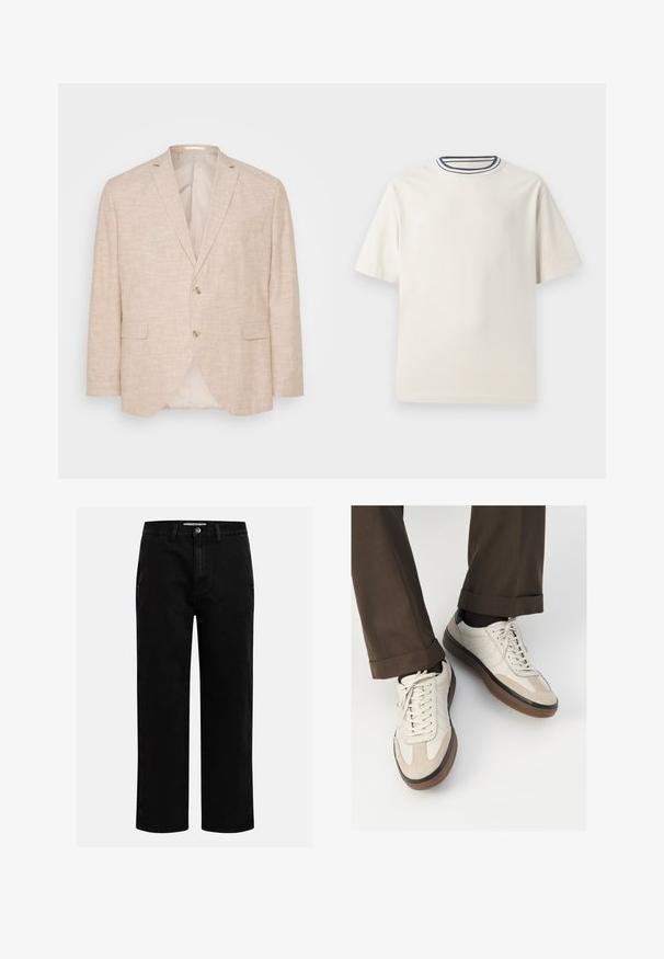 Blazer in lino beige chiaro con chiusura a due bottoni, rever a scesa e tasche laterali; presenta un interno foderato morbido.; T-shirt in cotone color crema con maniche corte, caratterizzato da un collo rotondo decorato da righe blu navy e bianche. Tessuto liscio, vestibilità comoda.; Pantaloni in denim nero con taglio dritto, design classico a cinque tasche e chiusura con bottone in vita. Tessuto liscio e materiale resistente.; Sneakers beige con una parte anteriore in suede testurizzato, lati in pelle liscia e una suola in gomma marrone. Inclusi lacci e dettagli di cucitura leggera.