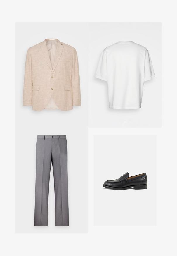 Blazer in lino beige chiaro con chiusura a due bottoni, rever a scesa e tasche laterali; presenta un interno foderato morbido.; T-shirt bianco a maniche corte, vestibilità ampia, collo rotondo, in morbido cotone, retro senza decorazioni, orlo dritto, senza fantasie o dettagli.; Pantaloni grigi su misura con frontale piatto, due tasche laterali e chiusura a un bottone. Tessuto liscio con un sottile motivo a righe verticali.; Mocassini in pelle nera con finitura liscia, punta arrotondata e cuciture decorative sulla tomaia. Tacco basso impilato e leggero lucido.