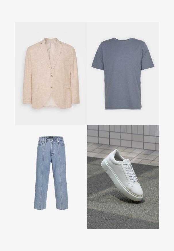 Blazer en lin beige clair avec fermeture à deux boutons, revers crantés et poches latérales ; présente une doublure intérieure lisse.; T-shirt gris à manches courtes avec un col rond, fabriqué en un doux tissu en mélange de coton. Design simple, sans motifs ni accents.; Jean en denim bleu clair avec une coupe ample, des jambes larges et des détails de couture visibles. Il dispose d'une fermeture à bouton et zip, ainsi que de cinq poches.; Baskets en cuir blanc avec une surface lisse, bout rond et lacets plats blancs. Présentent une semelle en caoutchouc texturée et des éléments de design minimalistes.