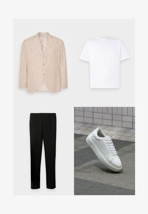 Blazer de lino beige claro con cierre de dos botones, solapas pico y bolsillos laterales; presenta un forro interior suave.; Camiseta de algodón blanca con cuello redondo y mangas cortas. Textura suave, corte recto, sin patrones ni acentos. Vista trasera únicamente.; Pantalones negros ajustados con frente plano, dos pliegues, cierre de botón, bolsillos laterales y corte recto. Fabricados con una tela suave.; Zapatilla de cuero blanca con una superficie lisa, punta redonda y cordones blancos planos. Presenta una suela de goma texturizada y elementos de diseño mínimos.