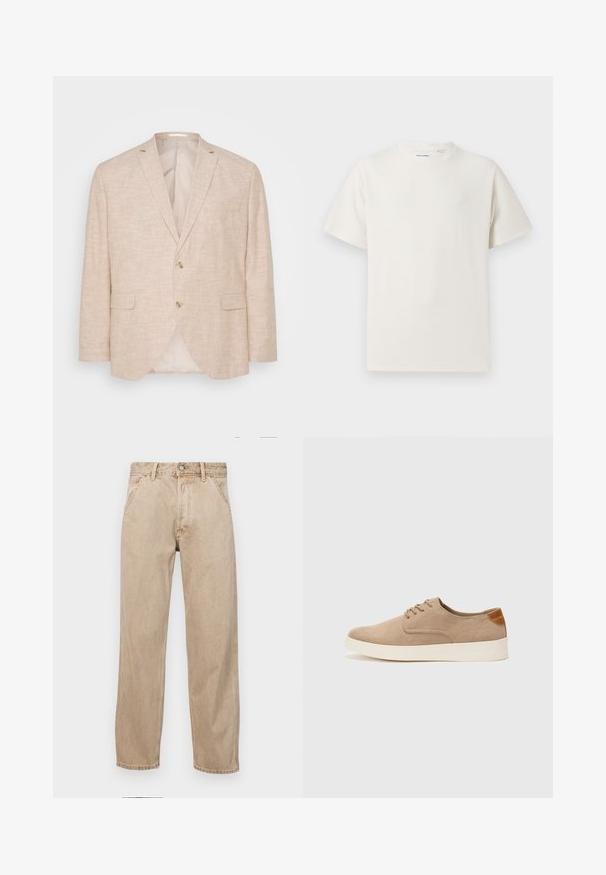 Blazer en lin beige clair avec fermeture à deux boutons, revers crantés et poches latérales ; présente une doublure intérieure lisse.; T-shirt blanc à manches courtes en texture côtelée. Encolure ronde, coupe décontractée, sans motifs ni accents visibles. Design simple et polyvalent.; Jeans en denim beige avec une coupe droite, dotés de poches avant, d'une fermeture à bouton en métal et d'une texture subtile.; Baskets en daim beige avec un embout arrondi, un laçage sur le devant et un accent texturé à l'arrière. La semelle en caoutchouc blanche offre un contraste. Design simple et moderne.