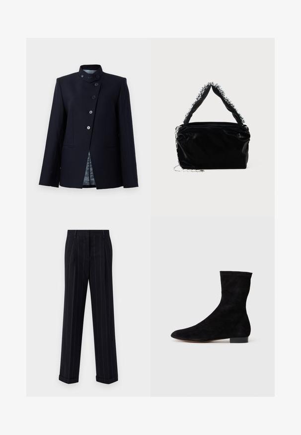 Naiste navy sinine bleiser villase seguga, millel on kõrge krae, viie nööpiga sulg ning kaks esist pocketit. Vooder on mustriga kangast.; Tume meresinine sviiter ümmarguse kaelusega, pikkade raglanist varrukatega, soonikkoes mansettidega ja sirge äärega. Valmistatud pehmest, tekstuuriga kudumist.; Mustra mustriga tumeda värvusega püksid, millel on kohandatud lõige, varras ja ees olevad voldid. Valmistatud siledast kangast, millel on struktureeritud disain.; Musthave mustan nahast pahkluu saabas, millel on kitsas vars, terav nina ja madal plokk-konts. Pehme tekstuur ja minimalistlik disain, sobib mitmekesiseks stiliseerimiseks.; Must mustrepp nahkakäekott, millel on tekstuuriga viimistlus, esitades pehme hõbedase aktsendi pealt käepideme juures ja kettainet.