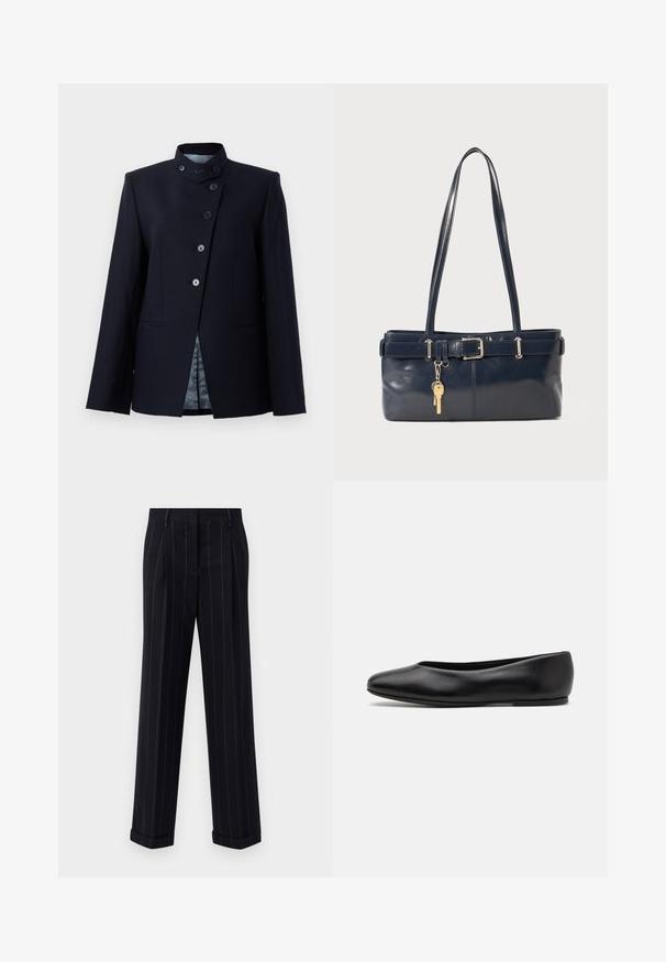 Blazer marine en mélange de laine, avec un col haut, une fermeture à cinq boutons et deux poches avant. Doublé d'un tissu à motif.; Pull en marine foncé avec un col rond, des manches raglan longues, des poignets côtelés et un ourlet droit. Fabriqué en un matériau tricoté doux et texturé.; Pantalons noirs à rayures fines avec une coupe ajustée, dotés d'un ourlet à revers et de plis avant. Fabriqués en tissu lisse avec un design structuré.; Paul Smith TOPANGA - Ballerines - black; Sac à main en cuir bleu marine avec deux longues poignées, un détail de boucle et un porte-clés accroché. Il présente une texture lisse et une forme rectangulaire.