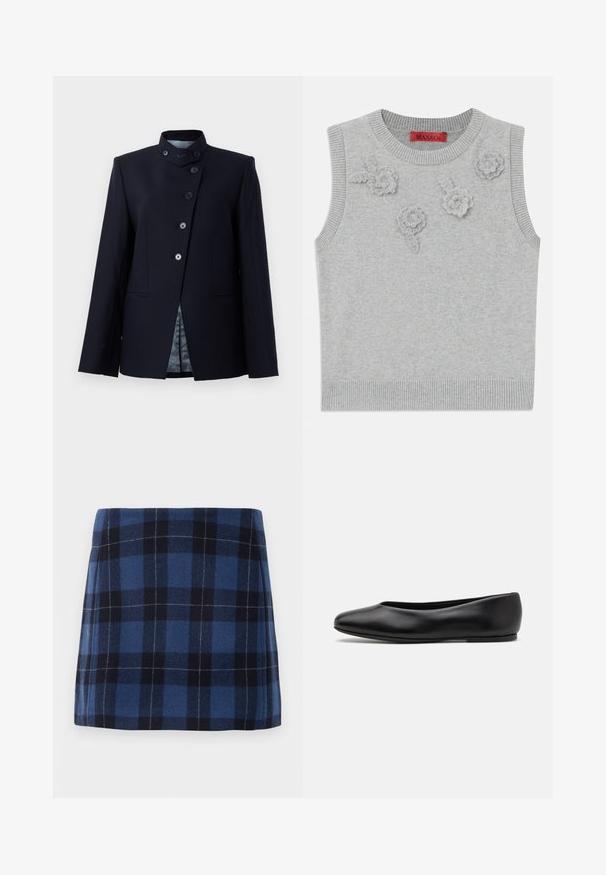 Navy blazer made of wool blend, featuring a high collar, five-button closure, and two front pockets. Lined with a patterned fabric.; Light grey sleeveless sweater with a ribbed neckline and hem. Features three textured floral appliqués on the front. Brand label: MAX&Co.; Plaid mini skirt in dark blue and navy, made of soft fabric with a slightly textured finish. Features a straight cut and clean lines.; Paul Smith TOPANGA - Ballet pumps - black