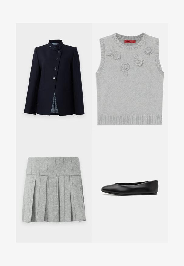 Blazer marine en mélange de laine, avec un col haut, une fermeture à cinq boutons et deux poches avant. Doublé d'un tissu à motif.; Pull sans manches gris clair avec un col et un ourlet côtelés. Présente trois appliqués floraux texturés sur le devant. Étiquette de la marque : MAX&Co.; Jupe plissée grise en tissu à motif chevrons ; dotée d'une taille structurée et d'une coupe droite en bas.; Paul Smith TOPANGA - Ballerines - black