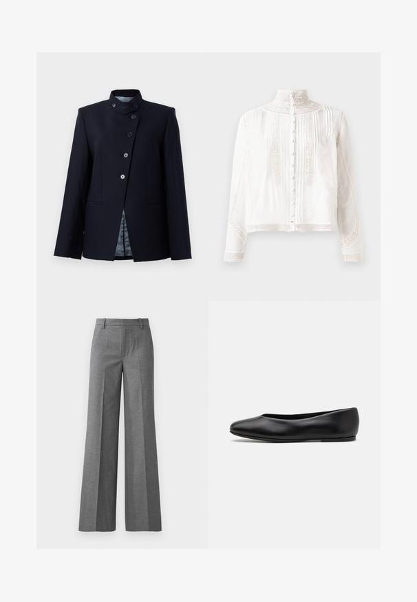 Námořnický blazer vyrobený z vlněné směsi, s vysokým límcem, pěti knoflíkovým zapínáním a dvěma předními kapsami. Podšitý vzorovanou tkaninou.; Bílá blůza s vysokým límcem, dlouhými rukávy, vertikálními sklady, krajkovými detaily a knoflíkovým zapínáním vpředu. Lehká tkanina se semi-průhlednou strukturou.; Šedé široké kalhoty z texturované látky. Mají přední skladby, přiléhavý pas a lesklý povrch, ideální pro formální prostředí.; Paul Smith TOPANGA - Klasické baleríny - black