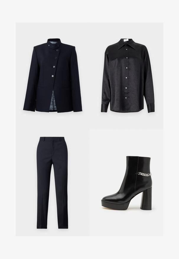 Gyapjú keverékből készült tengerész blézer, magas gallérral, öt gombos záródással és két elülső zsebbel. Mintás bélésű.; Fekete, hosszú ujjú ing, galléros nyakkal, gyűrött textúrával, teljes gombos elejével és mandzsettákkal. Simaságú anyagból készült.; Tengerészkék, egyenes szabású, szabott nadrág sima textúrával, két elülső zsebbel és letisztult derékkal.; Fekete lakk bőr bokacsizma vastag talppal és magas blokksarkúval. Az oldalon ezüst lánc részlet található. Simított felület.
