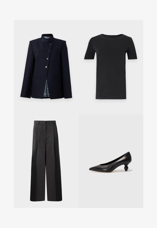 Navy-blazer gemaakt van een wolmix, met een hoge kraag, vijfknopen sluiting en twee voorzakken. Gevoerd met een gestreept stof.; Zwarte t-shirt met korte mouwen van zacht katoen, met een ronde hals en een klassieke pasvorm. Soepele textuur, geen patronen of versieringen.; Zwarte wijde broek met hoge taille, met voorplooien, een gladde textuur en een nette afwerking. Ontworpen voor een ontspannen pasvorm.; Zwarte leren hoge hak schoen met een spitse neus en een ronde, bolle hak. Gladde textuur met een elegant, minimalistisch ontwerp.