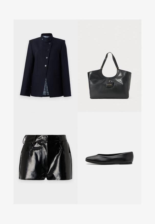 Blazer marine en mélange de laine, avec un col haut, une fermeture à cinq boutons et deux poches avant. Doublé d'un tissu à motif.; Haut à manches longues, beige clair avec un col rond. Fait dans un tissu doux, il présente une couture centrale et un ourlet légèrement courbé. Pas de métal visible.; Shorts noirs et brillants en matériau synthétique. Présentent une taille ajustée, des passants de ceinture et des poches avant avec des détails de couture prononcés.; Paul Smith TOPANGA - Ballerines - black; Sac fourre-tout en cuir noir avec une finition brillante, un sommet arrondi, deux bretelles et un accent en métal doré sur le devant.