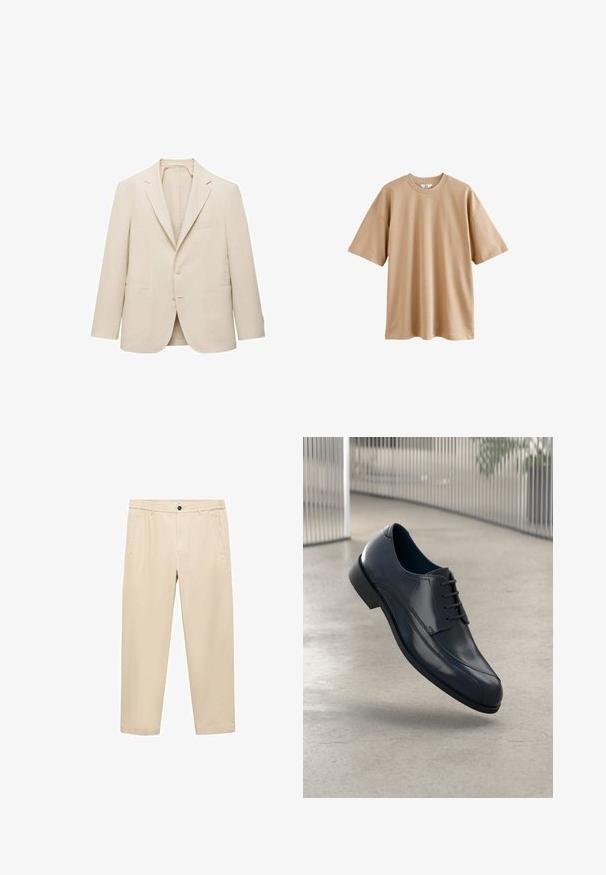 Beige linnen blazer met een notch-revers, een enkele knoopsluiting, twee voorkzakken en minimale details voor een klassieke pasvorm.; Korte mouwen beige t-shirt van katoen met een ronde hals en een ontspannen pasvorm, met een gladde textuur en zonder patronen of accenten.; Beige, casual broeken gemaakt van een zachte stof; heeft een elastische tailleband, zijzakken en een rechte pijp.; Glanzende zwarte leren schoenen met veters, zwevend boven een glad, lichtgrijze vloer en verticale metalen stangen op de achtergrond.