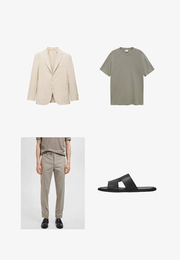 Blazer en lin beige avec un col cranté, fermeture à un bouton, deux poches avant et des détails minimalistes pour un ajustement classique.; T-shirt simple à manches courtes en vert olive clair, en tissu doux, avec un col rond et une coupe décontractée. Sans motifs ni graphiques.; Pantalons beiges ajustés en tissu lisse, coupe slim et pli avant. Associés à des mocassins noirs, mettant en valeur un design simple et moderne.; Sandale à semelle plate en cuir noir avec un bout ouvert et deux bretelles croisées, présentant un design à découpes. Semelle en caoutchouc flexible. Texture lisse.