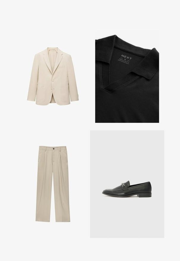 Blazer in lino beige con revers a punta, chiusura a un bottone, due tasche frontali e dettagli minimi per una vestibilità classica.; Polo shirt nera con scollatura a V e tessuto strutturato. Presenta un colletto ribattuto e un'etichetta che mostra il marchio e le informazioni sulle taglie. Vestibilità regolare.; Pantaloni beige a taglio dritto, con un solo bottone nero, passanti per la cintura e tasche laterali. Tessuto dalla texture liscia e design minimale.; Mocassino in pelle nera con finitura liscia, caratterizzato da un design cucito e da un accento decorativo in catena metallica sul vamp. Tacco piatto.