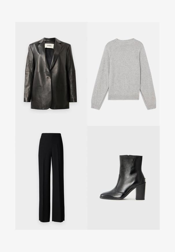 Blazer de couro preto com um corte ajustado, lapelas recortadas, dois bolsos frontais e fecho com um único botão metálico. Textura suave.; Sweater cinza claro feito de tecido suave, com mangas raglan longas, decote redondo e punhos e barra canelados. Design simples e sem costuras.; Calças largas pretas com uma textura suave, apresentando uma cintura alta e pregas centrais. Sem padrões visíveis ou detalhes em metal.; Bota ankle preta em pele com uma textura suave, bico fino e um salto alto robusto. Apresenta uma abertura lateral e um design minimalista.