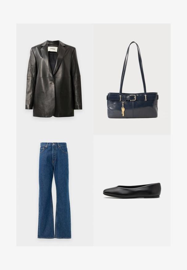 Musta nahkablazeri, jossa on muotoiltu istuvuus, lovetut kaulukset, kaksi etutaskua ja yksi metallinen napitus. Sileä pinta.; Välttämätön raitapaita, jossa on valkoinen pohja ja kapeita monivärisiä viivoja sinisessä, oranssissa ja vihreässä. Pitkät hihat ja klassinen kaulus.; Siniset farkkujen leveälahkeiset housut, joissa on korkea vyötärö, viisi taskua, hopeinen napitus ja näkyvät tikkauskoristeet.; Paul Smith TOPANGA - Ballerinat - black; La handbagin sininen nahka, jossa on kaksi pitkää kahvaa, Buckle-yksityiskohta ja avaimenperä kiinnitettynä. Sen pinta on sileä ja muoto on suorakulmainen.