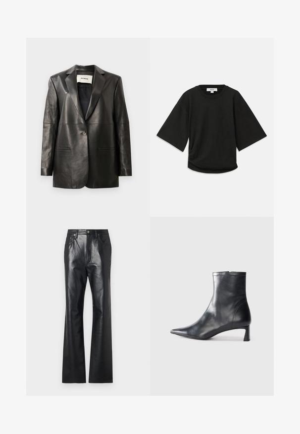 Fekete bőr blézer, szabott fazonnal, két résszel ellátott hajtókával, két első zsebbel és egy fémből készült gombos záródással. Sima текстúra.; Fekete, rövid ujjú póló puha pamutból, lekerekített nyakkal és laza szabással, oldalán finom ráncolással.; Fekete bőrnadrág sima textúrával, harangszár kialakítással, elülső cipzárral és övbújtatókkal. Diszkrét varrási díszítéssel rendelkezik.; Fekete bőr bokacsizma hegyes orral és letisztult dizájnnal. Alacsony sarka és hátsó cipzáras záródása van. Simának tűnő textúra.
