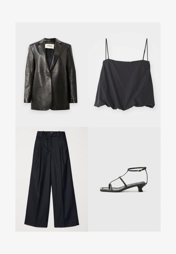 Fekete bőr blézer, szabott fazonnal, két résszel ellátott hajtókával, két első zsebbel és egy fémből készült gombos záródással. Sima текстúra.; Fekete ujjatlan felső vékony pántokkal, laza szabással és gyűrt alsó résszel. Könnyű anyagból készült, sima textúrával.; Fekete, széles lábú nadrág sima anyagból, magas derekú, pliszékkel és elegáns kialakítással. Egyszerű fekete kiegészítők a dereknál.; Fekete bőr szandál, négyzet alakú orral, vékony pántokkal, állítható bokapánttal és alacsony sarokkal. A pánton egy kis arany dísz található.