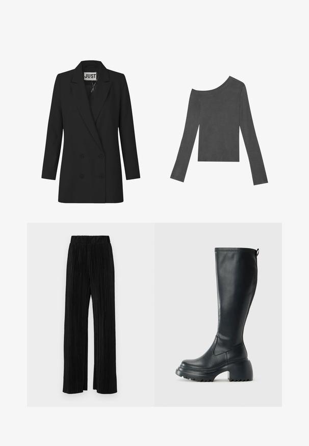 JUST FEMALE WATSON - Casaco curto - black; Top cinza de mangas longas com design à mostra dos ombros. Feito em tecido suave com uma textura lisa e uma bainha cortada reta.; Calças pregueadas pretas com uma cintura elástica. Apresentam pernas largas e um tecido liso, texturizado com riscas verticais.; Bota preta de couro alta com sola de plataforma robusta e salto bloco, apresentando puxador e padrão texturizado na sola.
