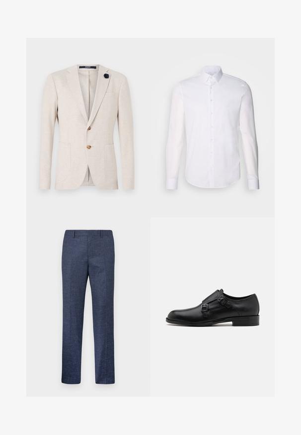Beige blazer with a classic design, notched lapels, two front pockets, and a navy fabric flower accent on the lapel.; White long-sleeve button-up shirt made from cotton, featuring a classic collar, front buttons, and minimal stitching detail.; Navy blue trousers made from a textured fabric, featuring straight legs, a flat front, and two side pockets. No visible patterns or accents.; Black leather dress shoe with dual buckles, sleek silhouette, and round toe. Features a low heel and smooth texture.