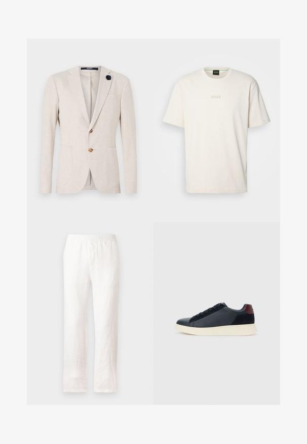 Beige blazer med klassisk design, med haklapper, to forlommer og en marineblå stoffblomst som accent på kragen.; BOSS TEE - T-shirts - open white; Hvite linbukser med elastisk midje, rett ben-design og en lett strukturert tekstur. Uten mønstre eller ekstra detaljer.; Lave herresko i sort læder og ruskind med maroon hælflap og hvid gummisål, set fra ydersiden.