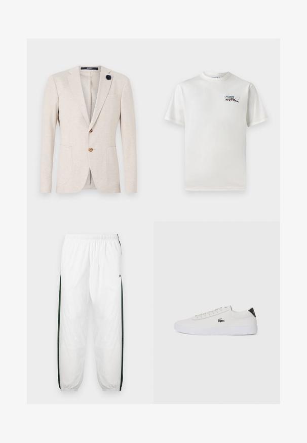 Bežs žakets ar klasisku dizainu, ar iegrieztām atloks, divām priekšējām kabatām un tumši zilas auduma puķes akcentu uz atloka.; Balts kokvilnas T-krekls ar apaļu kakla izgriezumu, īsām piedurknēm un mazu izšūtu logo ar kalniem un tekstu kreisajā krūtīs.; Baltas sporta bikses ar tumši zaļām sānu joslām. Viegls materiāls, elastīga josta un aproces apakšā. Satur acu auduma tekstūru sānu joslās.; Baltas ādas sporta apavu modelis ar noapaļotu purngalu, sasienamu priekšpusi un melnu papēža akcentu. Satur nelielu izšūtu krokodila logo sānos.