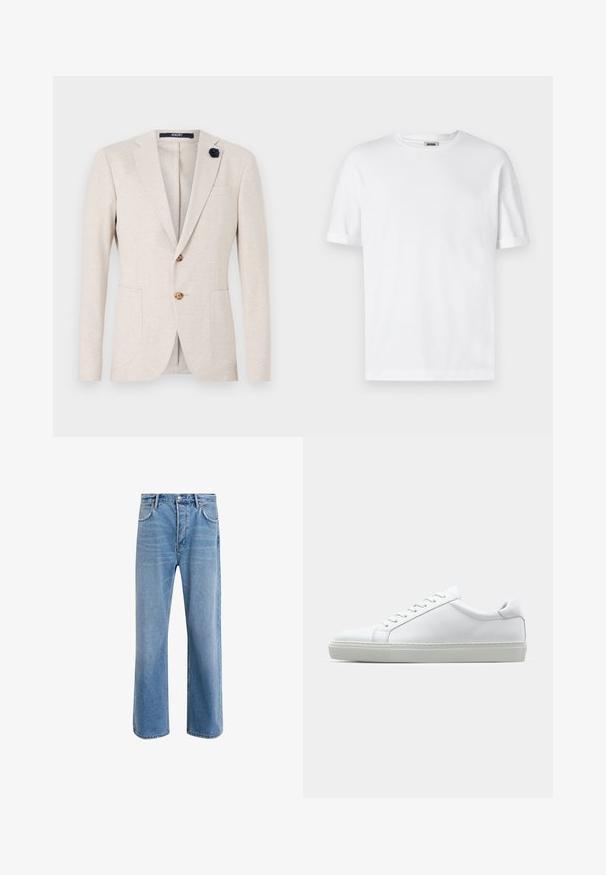 Beež bleiser klassikalise disainiga, nurgeliste klappidega, kahe esiosa tasku ja tumesinise kangast lillede aktsendiga klapperi peal.; Valge puuvillane t-särk, ümmarguse kaelaauguga, lühikeste varrukatega ja rullitud varrukate äärtega; lihtne disain, pehme tekstuur ja sirge lõige.; Heledad sinine teksapüksid otse lõikega, viie taskuga, nupuga sulgemine, minimaalne kulumine ja kontrastsed õmbluse detailid.; Valge tennisetoss, millel on sile nahk pealis ja madal profiil. Omab ümarat ninaosa, kuut silmust ja tekstuuriga kummist talda.