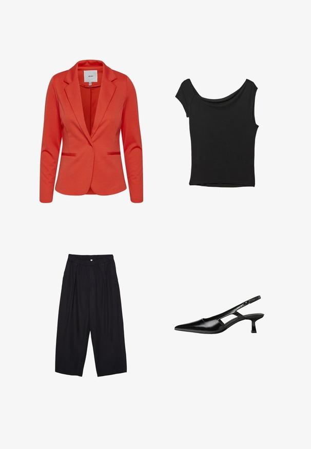 Červený blazer od ICHI s vystuženým golierom, dvoma prednými vreckami a zapínaním na jeden gombík. Hladká textúra a prispôsobený strih.; Čierny krátky rukáv top vyrobený z hladkej tkaniny; má prehnutý výstrih a asymetrický lem, s priliehavým telom.; Čierne polyesterové culotte nohavice s elastickým pásom, dvoma prednými záhybmi a voľným strihom. Žiadne viditeľné vzory ani detaily z kovu.; Čierne lakované kožené lodičky na podpätku s špicatou špičkou, výrezovým dizajnom na boku a malým štvorcovým podpätkom. Hladký povrch s minimálnymi akcentmi.