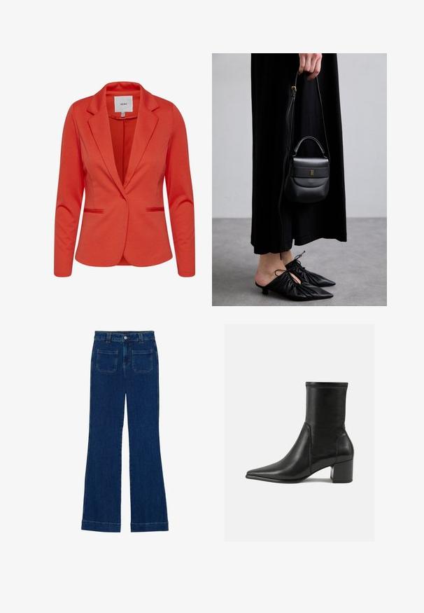 Sarkans žakets no ICHI ar izgrieztu apakšmalu, divām priekšējām kabatām un vienu pogu aizdari. Gluda tekstūra un pielāgota piegriezuma.; Balta garo piedurkņu krekls ar pogām, izgatavots no kokvilnas. Iekļauj klasisku apkakli un smalku zīmola izšuvumu uz krūtīm. Gluda tekstūra.; Tumši zili džinsi ar izplestām kājām, gluda tekstūra, piecu kabatu dizains un pogu aizdare jostas vietā.; Melnas potītes zābaki, kas izgatavoti no gludas ādas, ar smailu purngalu, blokveida papēdi un izteiktu paceltu šuvumu augšējā malā.; Maza melna ādas rokassoma ar noapaļotu formu, augšējo rokturi un noņemamu siksnu. Valkāta kopā ar melnu auduma kleitu un melniem kroku apaviem.; Zeltaini auskari ar griezumu dizainu, kas iezīmējas ar ribotu tekstūru un gludu apdari. Vieglas un tukšas konstrukcijas.