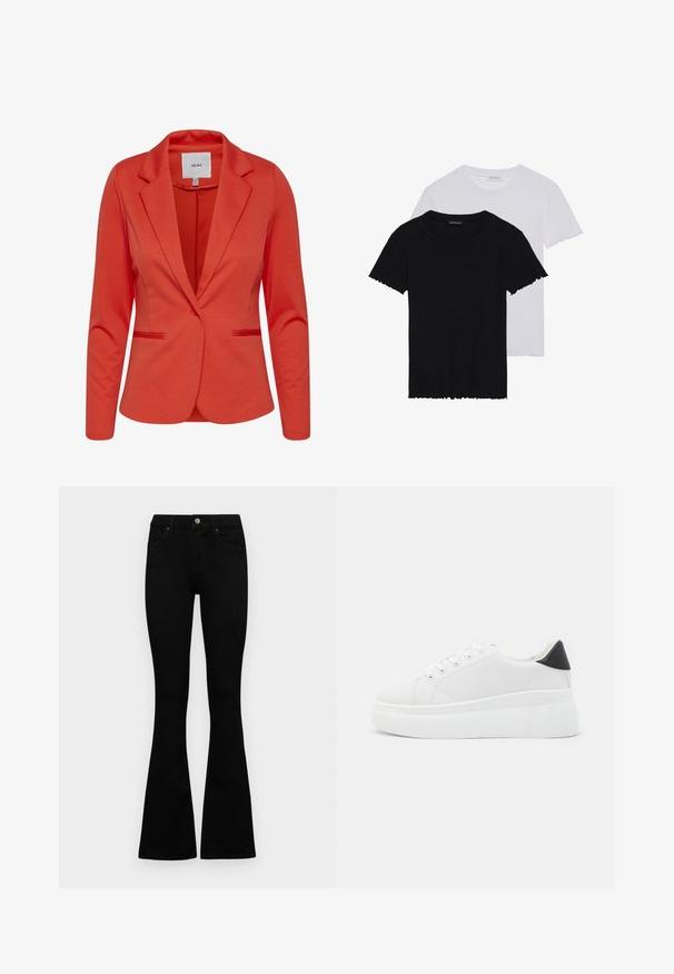 Crvena sako jakna marke ICHI s reverima, dva prednjaXđepa i jednim dugmetom za zatvaranje. Glatka tekstura i kroj prilagođen figuri.; Even&Odd 2 PACK - Osnovna majica kratkih rukava - black/white; Crne traperice viskog struka s kopčanjem na gumb i rajfeslusu, prednjim džepovima i širom nogavicama položene su ravno na bijeloj pozadini.; Bijele platforme tenisice napravljene od glatkog sintetičkog materijala, s okruglim vrhom, dizajnom s vezanjem i teksturiranom gumenom potplatom. Crni detalj na peti.
