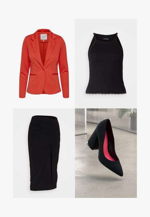 Punane bleiser ICHI poolt, millel on kraega kaelus, kaks eesmist taskut ja üksik nupuliide. Sile tekstuur ja kohandatud lõige.; Must mustriba top musta servadega äärega. Omab peeneid rihmu ja istuvat disaini. Valmistatud venivast kangast.; Mustast, rikutud pliiatsiseelik sidumisdetailiga ja küljes lahtise lõhenemisega. Valmistatud venivast kangast, millel on sile tekstuur ja keha lähedane lõige.; Mustad must kõrged kontsad, terava ninaga, tekstuurse pinnaga ning erksa roosa sisemusega. Omab paksu kontsa koos hõbedase aktsendiga.