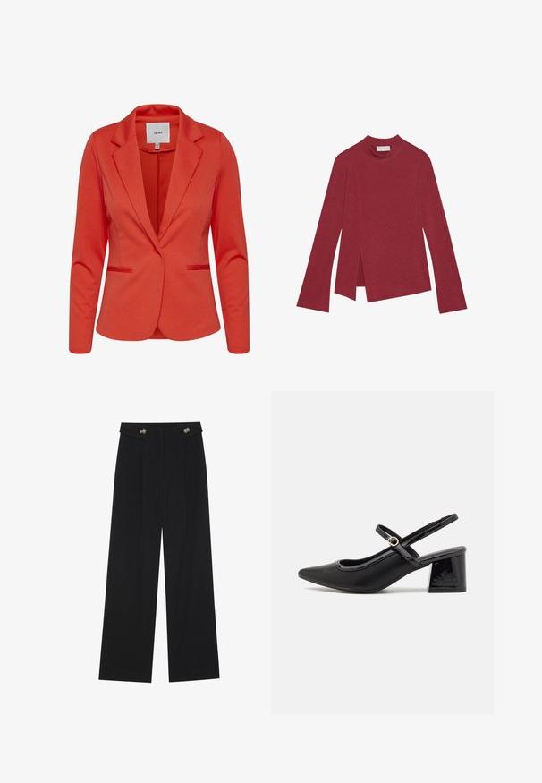 Rode blazer van ICHI met een notch lapel, twee voorzakken en een enkele knoopsluiting. Soepele textuur en getailleerde pasvorm.; Rode geribde langemouwen top met een hoge halslijn. Heeft een asymmetrische zoom met zijsplitten en een gladde textuur. Label zichtbaar aan de binnenkant.; Zwarte wijde broek met hoge taille, knoopdetails op de tailleband en plooien aan de voorkant.; Zwarte gepolijste leren slingback hakken met een spitse neus, een ronde uitsnede en een blokhak. Voorzien van een gouden gespaccent.