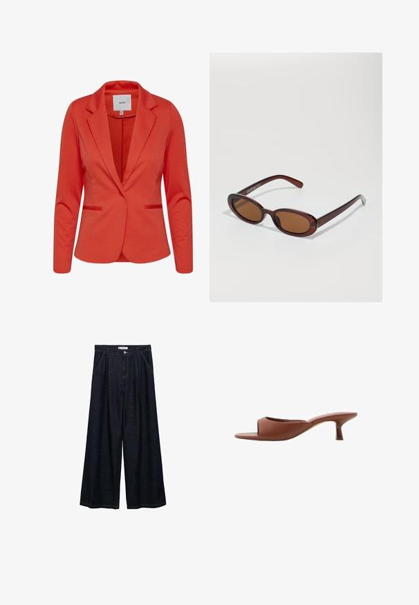 Rdeči blejzer ICHI z ovratnikom z zarezo, dvema sprednjima žepoma in z enim gumbom za zapiranje. Gladka tekstura in prilagojen kroj.; Dva prilegača topa v črni in beli barvi. Narejena iz rebrastega bombaža, imata široke naramnice in zaobljene izreze. Oznaka na ovratniku.; Temno jeans hlače širšega kroja z visokim pasom, ki imajo sprednje zapiranje na gumb, dve stranski žepu in detajle v šivanju.; Rjave odprte sandalje s peto z gladko, mat površino, ki imajo ukrivljen dizajn in prozorno, zoženo peto.; Okrogle, rjavo obarvane sončne naočare z sijočim burgundskim okvirjem. Tanek nosilec s subtilnim logotipom. Oblika leč je ravna.