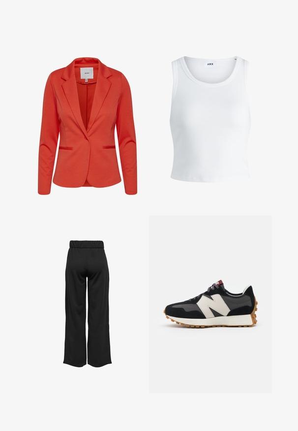 Rdeči blejzer ICHI z ovratnikom z zarezo, dvema sprednjima žepoma in z enim gumbom za zapiranje. Gladka tekstura in prilagojen kroj.; Bela rebrasta majica brez rokavov z okroglim izrezom in krajšo dolžino. Oznaka navaja "JJXX." Gladka tekstura tkanine.; Črne hlače širokega kroja z elastičnim pasom, izdelane iz gladkega materiala. Imajo preprost dizajn brez žepov ali vidnih šivov.; Črne in sive semiš športne copate z velikim kremnim logotipom "N", vijoličastimi vezalkami in teksturiranim gumijastim podplatom.