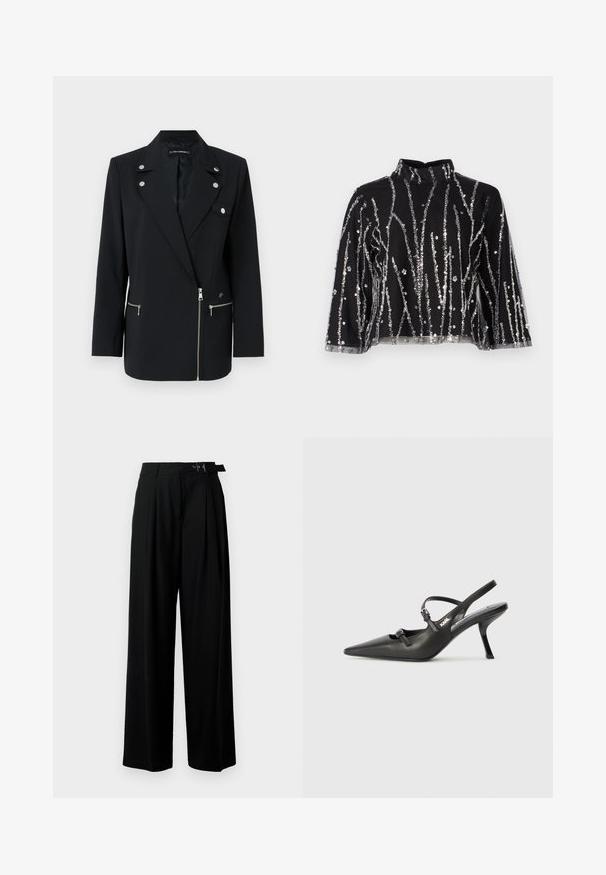 Black tailored blazer with silver hardware accents, featuring a notched collar, zippered front pockets, and an asymmetric design.; Black cropped top with high neck, featuring silver sequined vertical lines, sheer sleeves, and textured fabric.; Black wide-leg trousers with a high waist, pleats at the front, and a belt featuring a buckle. Made from smooth, lightweight fabric.; Black leather slingback heels with a pointed toe, slender heel, and decorative buckle detail on the vamp. Smooth texture and sleek design.